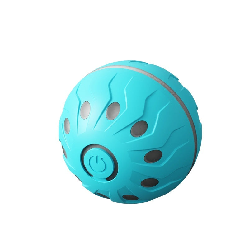 Turquoise self-moving dog ball toy, made of TPE, with holes and a center power button for interactive jumping play.