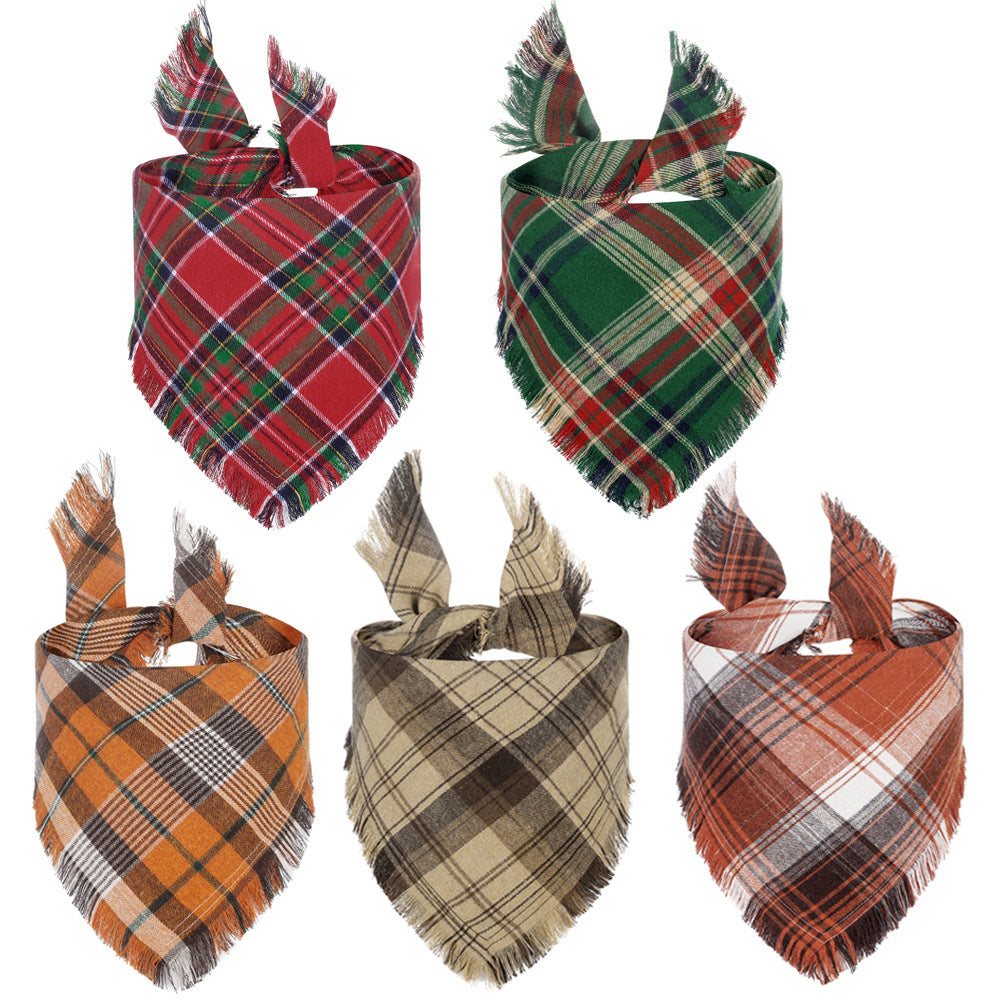 Plaid Dog Bandana With Tassels Triangle Scarf