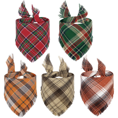 Plaid Dog Bandana With Tassels Triangle Scarf