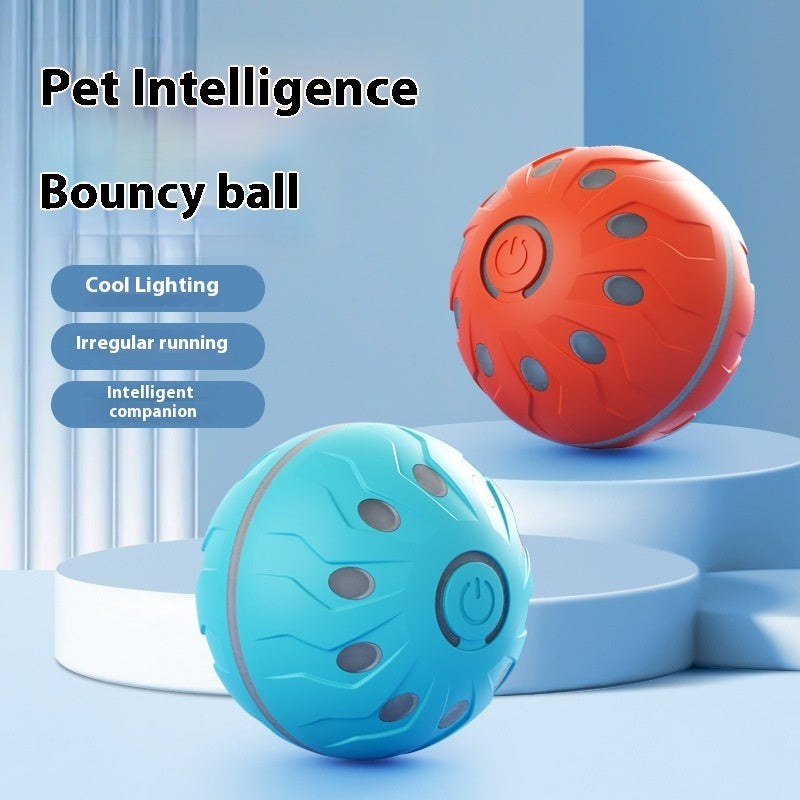 Self-moving automatic jumping dog ball toy; durable TPE, motion-driven play for dogs, blue and orange balls.