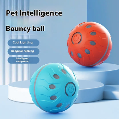 Self-moving automatic jumping dog ball toy; durable TPE, motion-driven play for dogs, blue and orange balls.