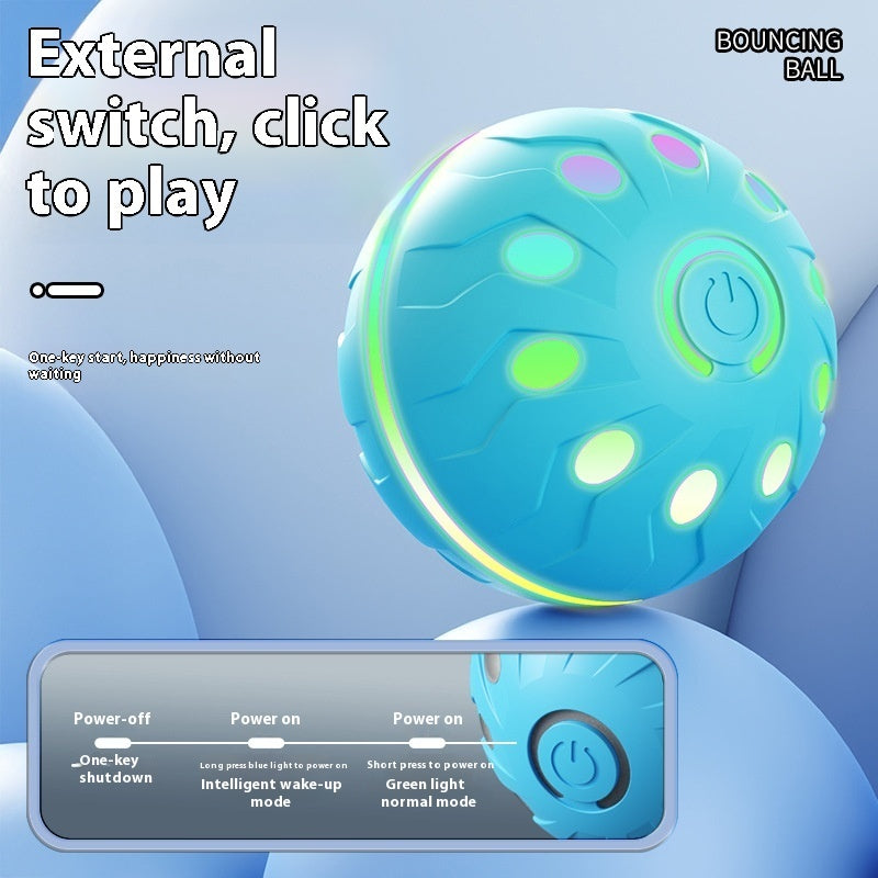 Self-moving automatic jumping dog ball toy in blue, durable TPE with LEDs and power button.